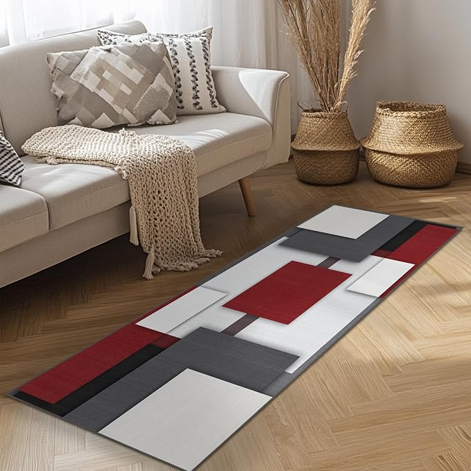 Red and Black Runner Rug 2x6 for Hallway Geometric Mid Century Rugs | Washable Modern Abstract Rug Low Pile Non-Slip Long Carpet for Kitchen Bedroom Doorway Bathroom Laundry