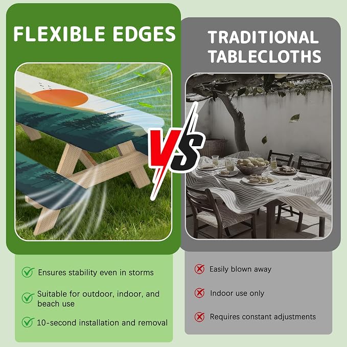 Picnic Table Cover with Bench Covers Elastic Edges, 3 Pcs Mountain View Fitted Table Cover with Drawstring Bag, Waterproof Windproof Aesthetic Camping Tablecloth, Outdoor Camping Essentials 72 Inch