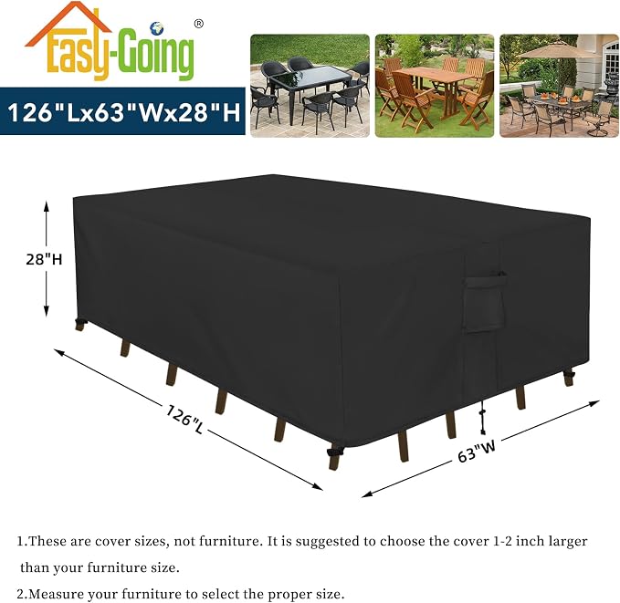 Easy-Going Rectangle Patio Furniture Cover Waterproof Outdoor Dining Table and Chair Cover Anti-UV Outside Sectional Sofa Set Covers (126"L x 63"W x 28"H, Black)