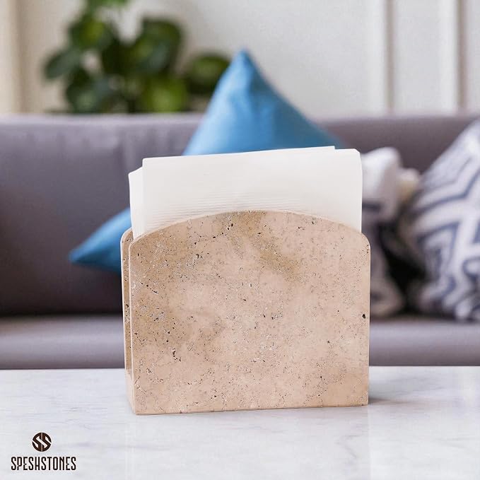 Marble Napkin Holder 6.5 Inch Handmade Travertine Napkin Holder for Table - Stone Paper Napkins Organizer for Kitchen Countertop & Bathroom Decor