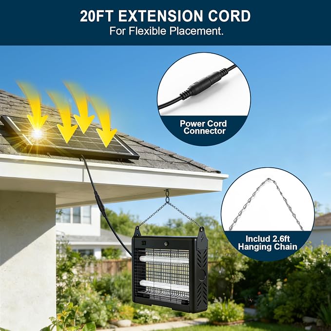 14W Solar Bug Zapper Outdoor | 7500mAh, 365–395nm UV, Dusk-Dawn Sensor, IPX5 Waterproof, 20ft Cord, Indoor & Outdoor for Home, Patio, Garden, Deck, Camping
