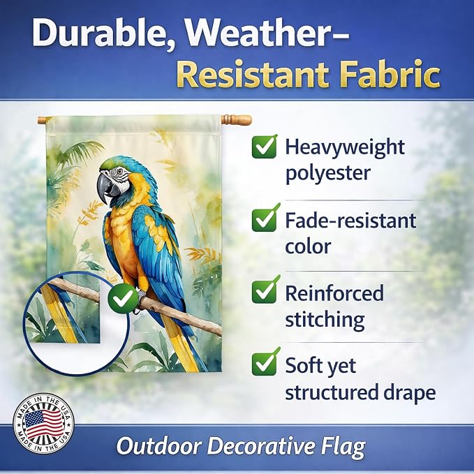 Caroline's Treasures Blue and Gold Macaw House Flag Large Porch Sleeve Pole Decorative Outside Yard Banner Artwork Wall Hanging, Polyester, House Size, Multicolor
