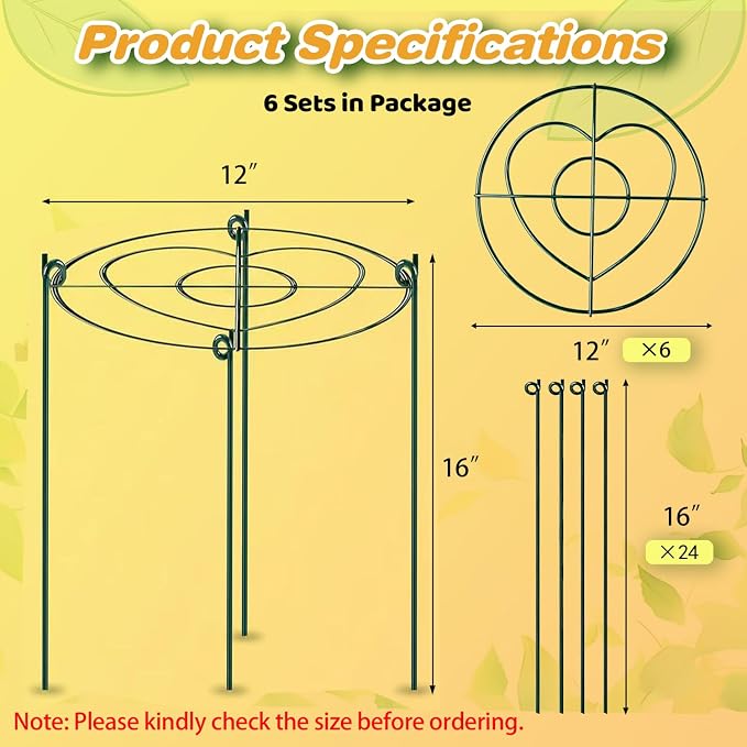 (6 Sets) Peony Cages and Supports, 12" Diameter, 4 x 16 Inches Legs, Heavy Duty Rust-Proof Grow Through Plant Support for Outdoor Flower Plants, Metal Grid Ring Hoop for Peonies, Roses, Orchids