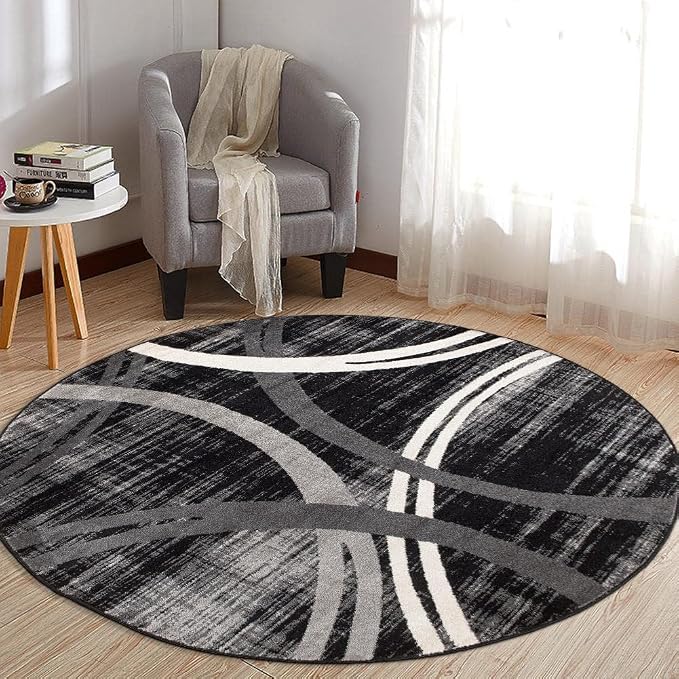 Rugshop Wavy Circles Modern Non-Shedding Living Room Round Rug Black 6'6" | Round, Bedroom, Dining Room, Home Office, Kitchen, Entryway, Hallway, Nursery, Kids Room, Guest Room, High Traffic Area