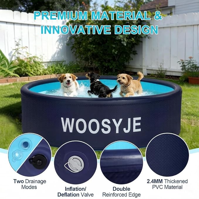 Inflatable Dog Pool, Foldable Pet Swimming Pool - 79" Pet Bath Pool & Kiddie Pool, PVC, Quick Drain, Non-Slip, Collapsible Swimming Pool for Large Medium Small Dogs, Cats, Kids, Backyard, Beach