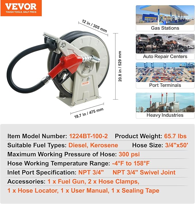VEVOR Diesel Fuel Hose Reel 3/4" x 50', Retractable Hose Reel Extra Long, Heavy-Duty Carbon Steel Construction with Automatic Fuel Nozzle, NBR Rubber Hose for Vehicle Ship Aircraft Tank Truck, 300PSI