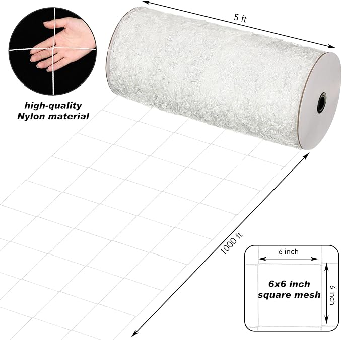 Berlune 5 x 1000 ft Trellis Netting Roll Heavy Duty Nylon Garden Trellis Netting with 6 Inch Mesh Soft Plant Support Net for Climbing Plants, Grape Racks, Growing Support Bean, Pea, Tomatoes