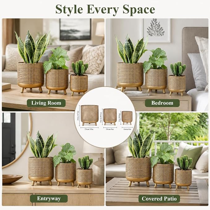 JHY DESIGN Set of 3 Plant Pots 10/8.5/7''H Metal Decoration Flower Pots with Hollow Design Large planters for Indoor & Outdoor Garden Home Balcony Railing Fence Plants(Gold)