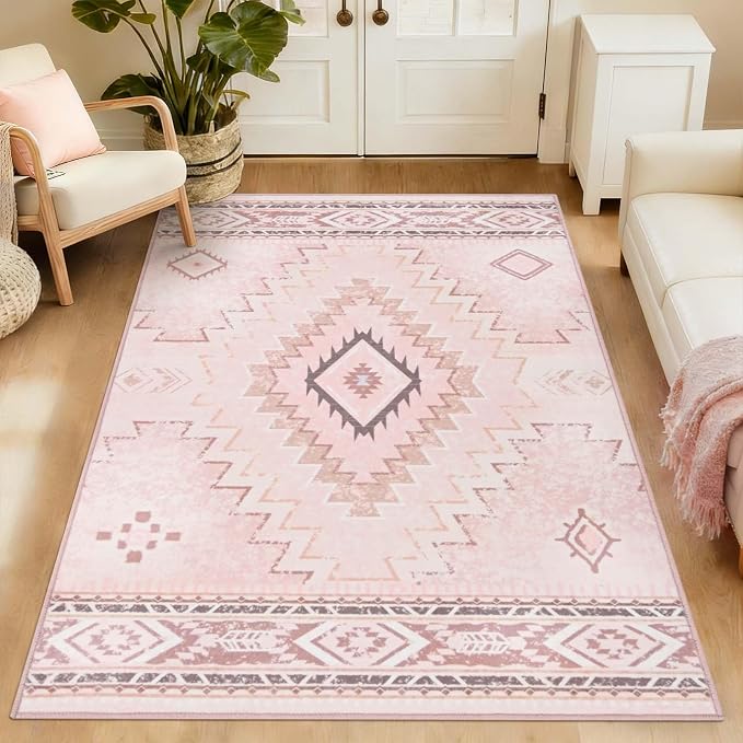 Yinhua 3x5 Pink Area Rug for Entryway, Western Washable Rug Low-Pile | Soft Moroccan Area Rugs Non-Slip with Rubber Backing, Stain Resistant Non-Shedding Carpet for Bedside Living Room