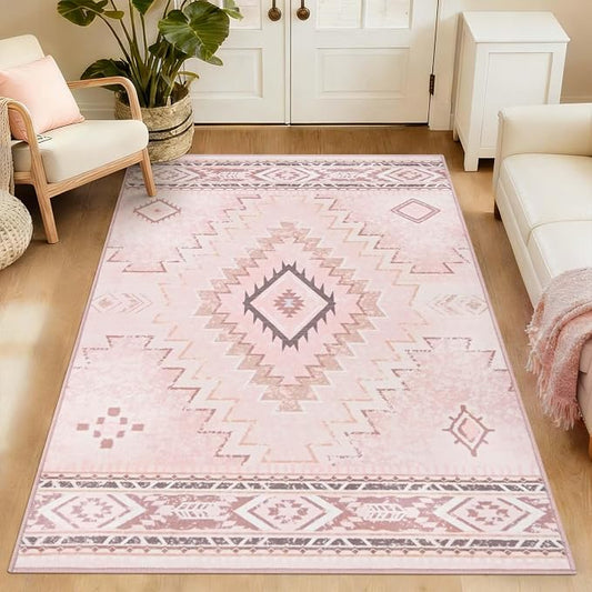 Yinhua 3x5 Pink Area Rug for Entryway, Western Washable Rug Low-Pile | Soft Moroccan Area Rugs Non-Slip with Rubber Backing, Stain Resistant Non-Shedding Carpet for Bedside Living Room