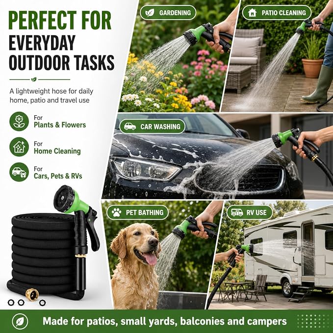 100FT Non-Expandable Garden Hose, Lightweight Flat Water Hose with 10-Function Spray Nozzle, 3/4" Metal Fittings, Kink-Resistant Easy Storage for Patio, Garden, RV, Small Yard, Car Wash, Black