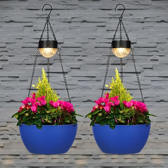 BAYN 2 Packs Solar Hanging Basket Planters for Plants Outdoor, Self Watering Blue Flower Plants Pots with Solar Light Drainer for Balcony Patio Garden Outdoor Decoration