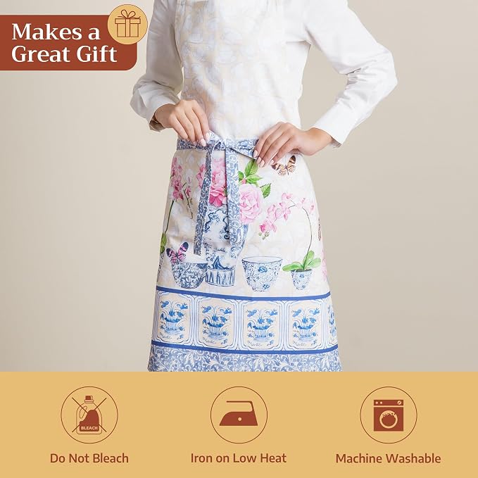 Maison d' Hermine Aprons for women with Pocket 100% Cotton (27.50"x31.50") | Adjustable Neck Strap & long ties Apron Men Chef Wedding Cooking Gardening Server Maid