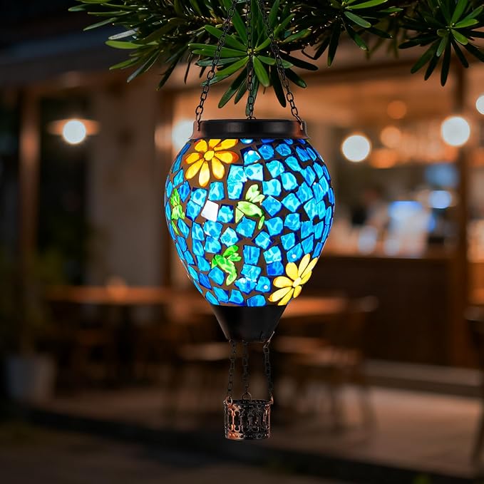 Hummingbird Solar Hot Air Balloon Lantern with Flame, Blue Hanging Mosaic Solar Lantern Outdoor Waterproof, Outdoor Solar Lights for Yard Gardening Gift for Mom Grandma Women