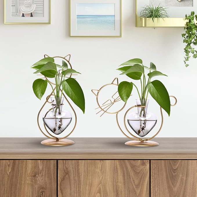 Plant Terrarium Plant Propagation Station Cat Lover Gifts for Women | Plant Lovers Home Office Decor Cat Desk Accessories