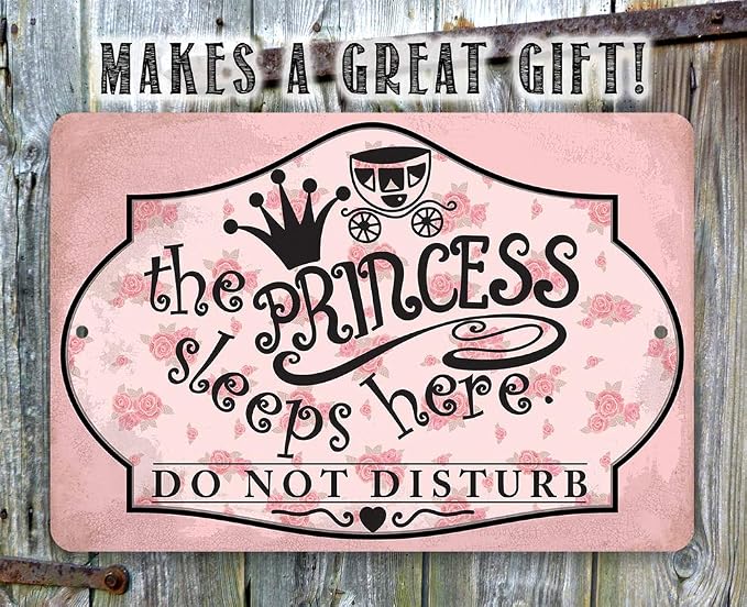 The Princess Sleeps Here - Beautiful Girls Room Decor, Pink Room for Teens and Kids, Little Girl Bedroom and Girl Cave Sign, 12x18 Use Indoors or Outdoors Durable Metal Sign