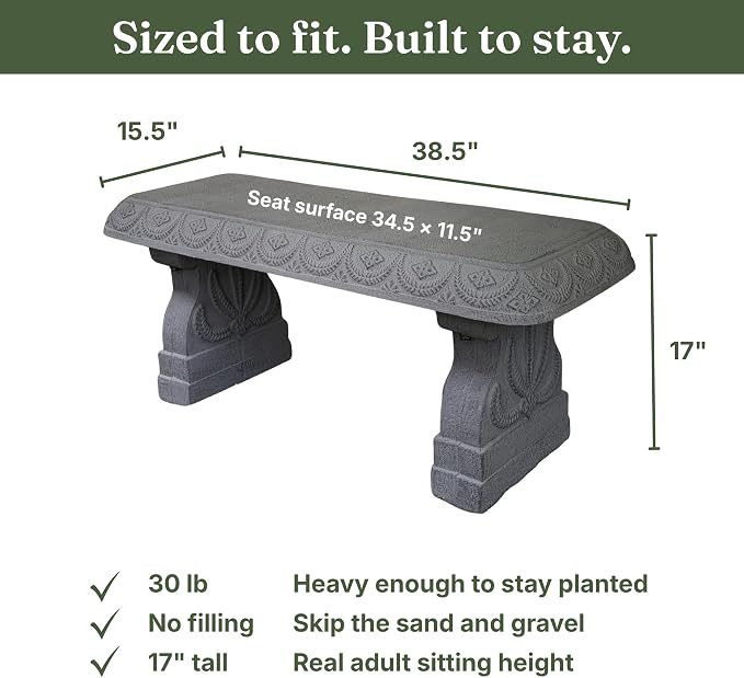 Basalt Grey Garden Bench - Outdoor Benches Weatherproof - Front Porch Seating for Patio Yard - Outdoor Seat Backless Decorative Pedestal Garden Furniture - Realistic Stone Look - Concrete Look