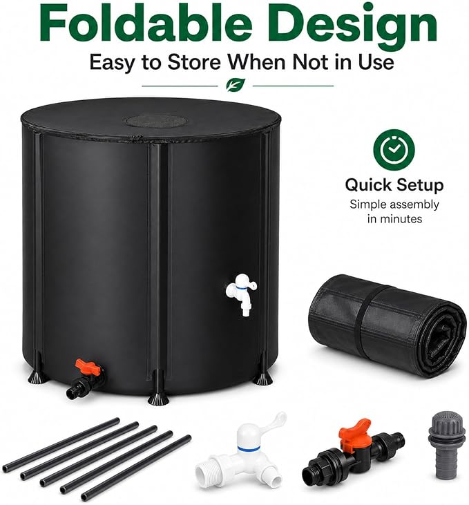 132 Gallon Collapsible Rain Barrel, Rain Water Collection Barrel System Kit, Collapsible Water Tank with 2 Spigots and Overflow Kit, Portable Rain Water Catcher for Garden, Black