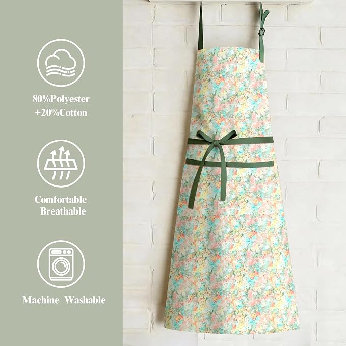 Women's Vintage Floral Kitchen Apron for Cooking & Gardening | Adjustable Neck Straps & Large Pockets, Cute Pinafore for Baking Tea Time, Practical Hostess Gift(Green/Pink Flowers)