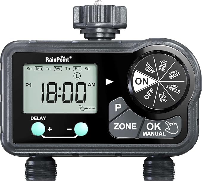 RAINPOINT Sprinkler Timer with 3 Different Programs, Hose Timer for Garden Hose with Rain Delay/Manual Watering/Automatic Irrigation System for Garden, 2 Outlet