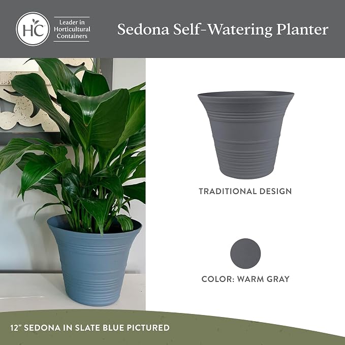 The HC Companies 9 Inch Sedona Round Self Watering Planter Pots, Lightweight UV-Resistant Plastic Indoor & Outdoor Planters, 4-Pack Flower Pots for Garden & Home Decor, Warm Gray