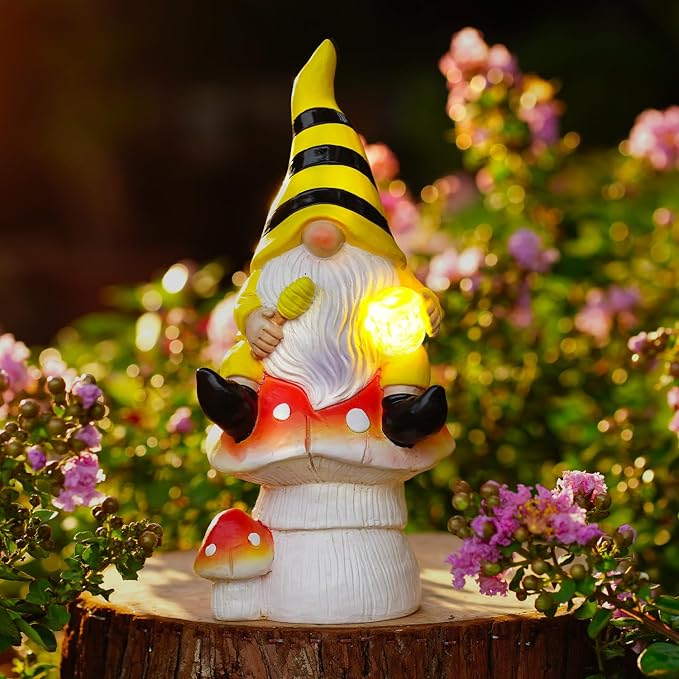 Solar Gnome on Mushroom Decor for Yard Decorations | 10 Inch Gnome Statue Decor for Outdoor,Perfect Garden Gifts for Women,Mom