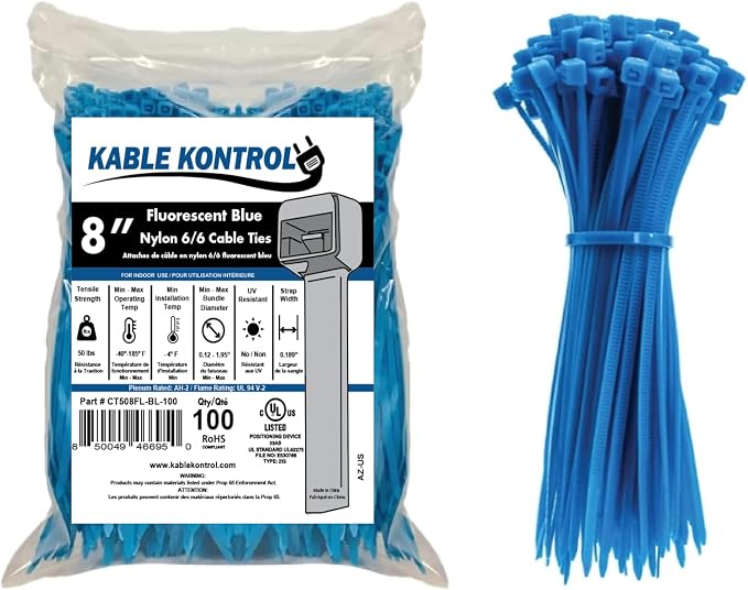 Kable Kontrol Fluorescent Blue Zip Ties 8 Inch 100 Pcs, 50 Lbs Tensile Strength, Self-locking Nylon Colored Cable Ties Wire Wraps for Indoor or Outdoor Use…
