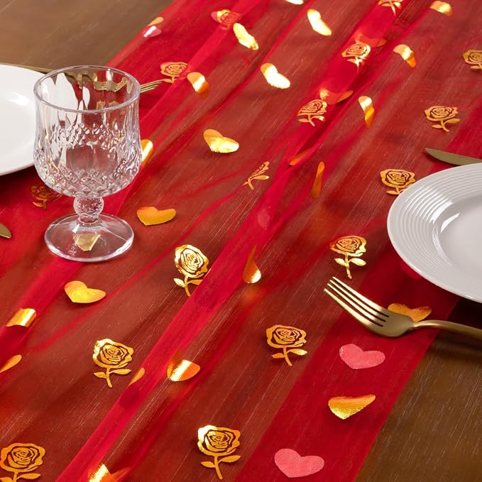 Socomi Valentine's Day Rose & Heart Table Runner Gold Gauze Sheer Romantic Sequin 10FT Glitter Metallic Foil Dining Wedding Birthday Party Baby Shower Holiday Centerpiece Table Decor 3pcs Red