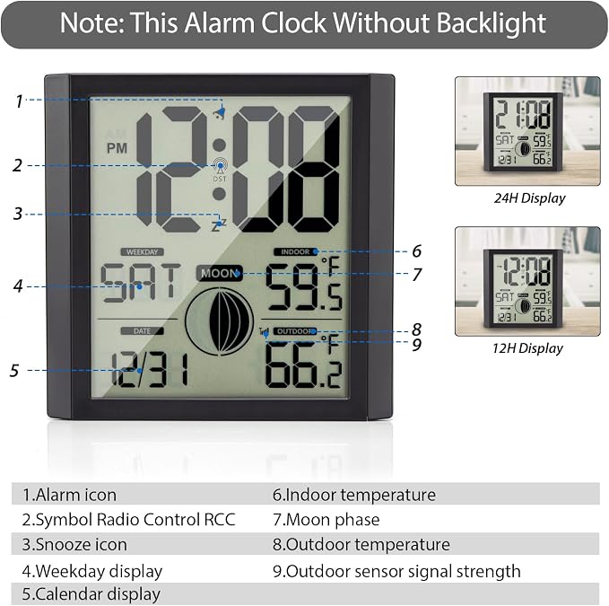 Atomic Wall Clock with Indoor/Outdoor Temp Large Number Display | Wall Clock Battery Operated, Alarm Clock,Silent,Analog,Modern,Digital,for Bedroom Dementia Seniors Desk Office Kitchen