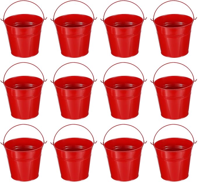 PATIKIL 5.1"x4.7" Small Metal Buckets with Handle, 12 Pcs Mini Galvanized Bucket Colorful Easter Buckets for Crafts Party Favors Decoration, Red