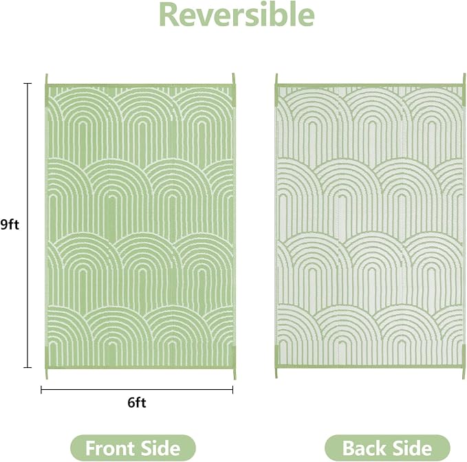 Anidaroel Patio Rugs Outdoor 6’x9’ Clearance Waterproof, Reversible Rainbow Outdoor Plastic Straw Outside Rugs, RV Outdoor Rugs for Camping, Porch, Balcony, Backyard (Green, 6‘X9')