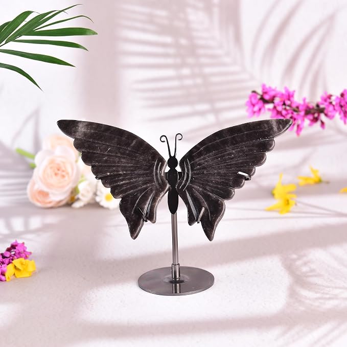 JIC Gem Large Silver Obsidian Crystals Butterfly Art Decorative Stones Natural Rocks Healing Crystal Carved Angel Wings with Display Decor Reiki Gifts (1pair, 10cm)