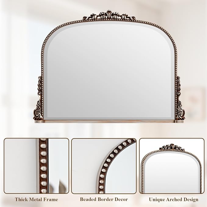 Wall Beaded Mirror, 44 x 32 Inch Round Top Right Angle Wall Mirror, Tempered Glass, Rust Resistant, Horizontally or Vertically Hanging, Silver