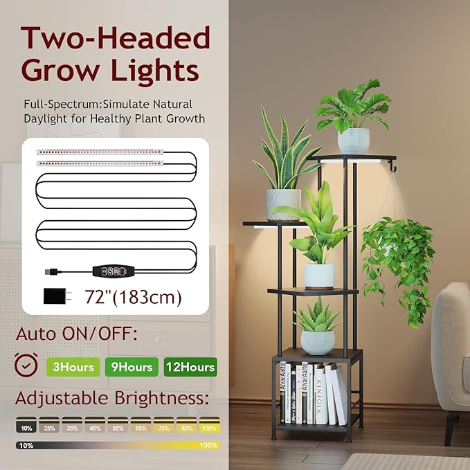 Homsorout Plant Stand Indoor with Grow Light - 5-Tier Metal Plant Shelf with Hanging Basket Hook, Corner Tall Flower Holder for Multiple Plants, Living Room Balcony Garden Patio, Black