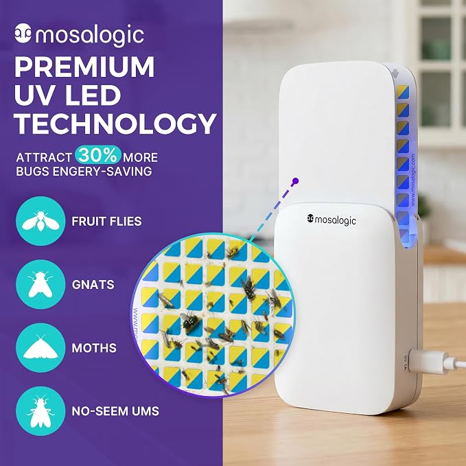 Mosalogic Max Flying Insect Trap Fruit Fly Traps for Indoors,Indoor Gnat Catcher for House Use, Bug Catcher & Flies Trapper-Smart Owl Mode, Dynamic UV Attraction,Compact Size(1 Device+10 Refills)