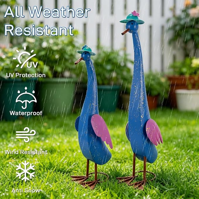 22" Duck Garden Statue Set of 2 Metal Ducks | Outdoor Statues Rustproof Yard Art Porch Animals Lawn Ornament Garden Sculptures Decor for Outside Patio Backyard