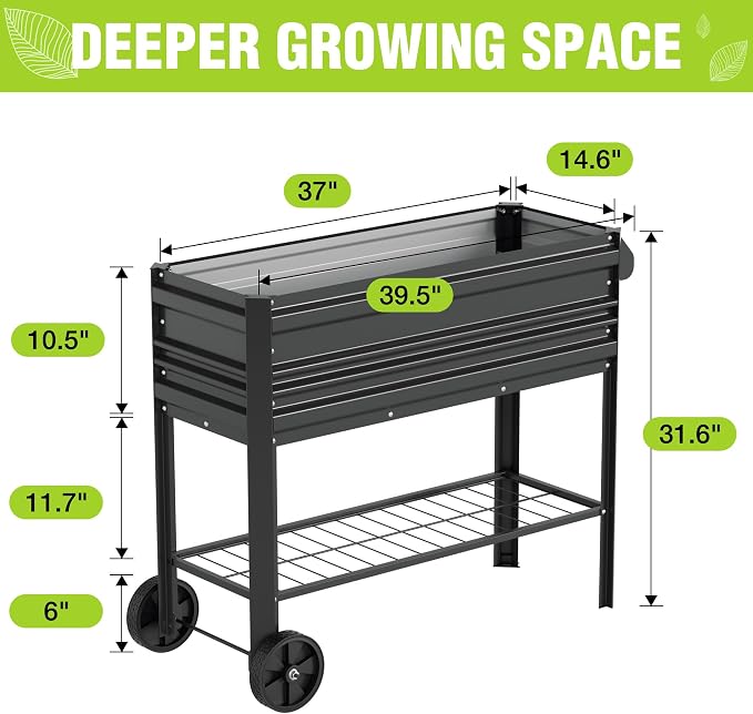 WORKPRO Galvanized Raised Garden Bed with Legs & Wheels, 37x14.6x31.6in, 400LB Capacity Elevated Planter Box for Garden, Backyard, Patio & Deck, Black