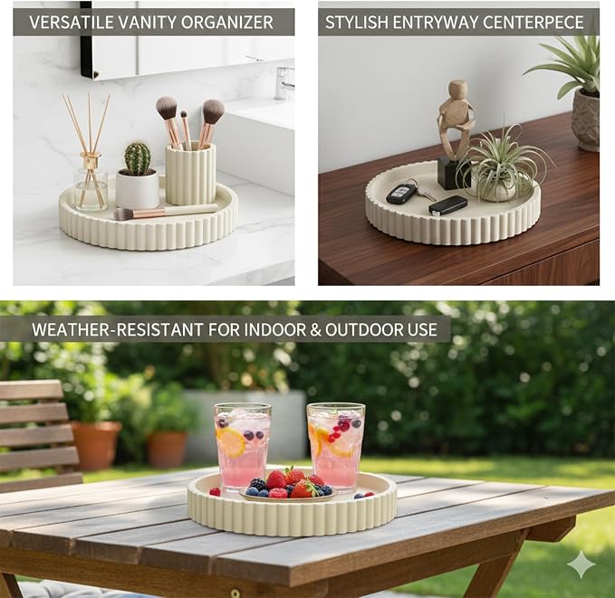 13" Round Concrete Decorative Centerpiece Tray for Coffee Table Cream | Modern minimalist centerpiece tray for coffee table, living room, dining & office storage display, sturdy tabletop home decor