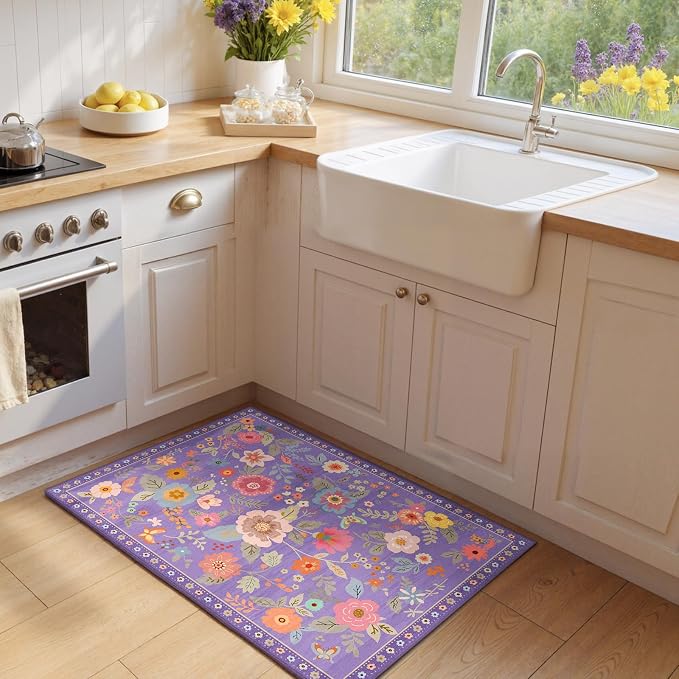 RELEANY Floral Washable 2x3 Area Rugsk Doormat Purple/Pin | Flower Carpet, Print, Boho, Non-Slip, Easy to Clean, Soft, Low Pile for Living Room Bedroom Kitchen Office Entryway Hallway