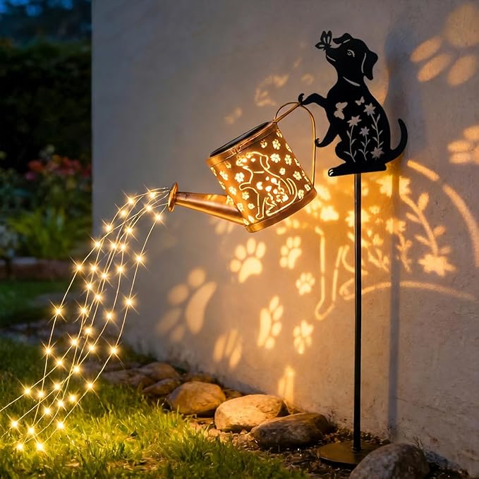 2 Pcs Dog Solar Watering Can with Light, Featuring Metal Dog Statue Silhouette Stake,Outdoor Yard Decor Gift for Women, for Outside Landscapes, Lawn, Garden Path Decoration