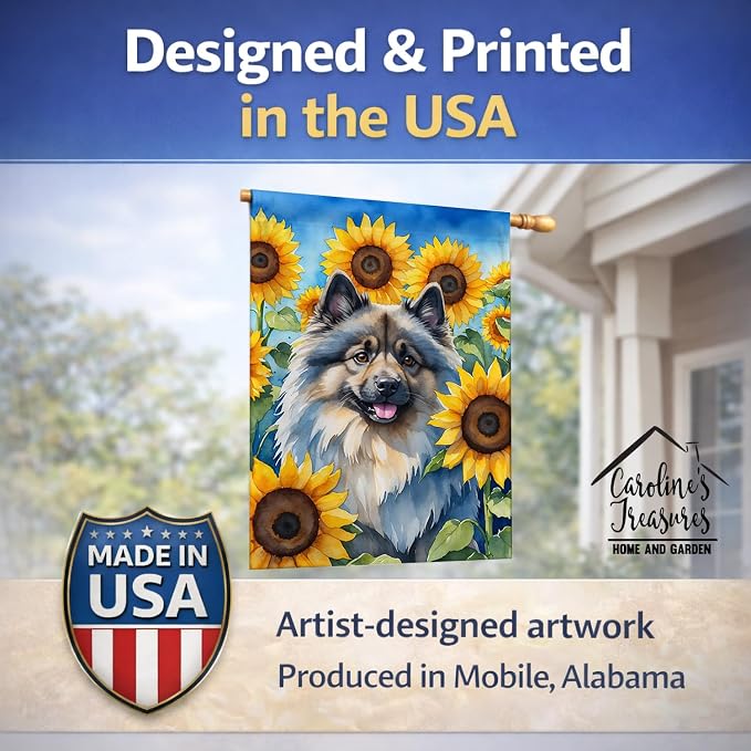 Caroline's Treasures DAC6105CHF Keeshond in Sunflowers House Flag Large Porch Sleeve Pole Decorative Outside Yard Banner Artwork Wall Hanging, Polyester, House Size, Multicolor