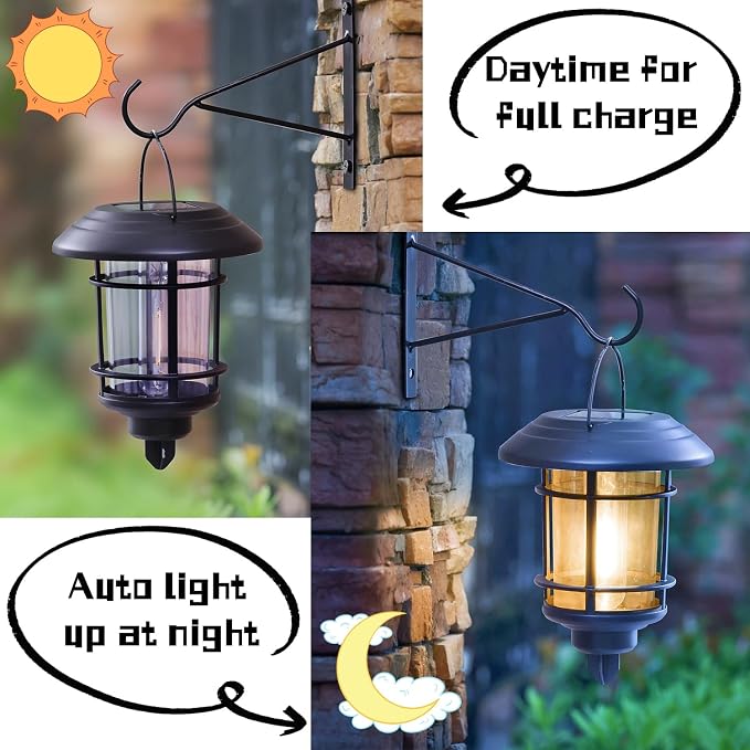Dynaming 2 Pack Solar Lanterns Outdoor, Hanging Lantern Solar Garden Lights with Edison Bulb, Wall Mounted LED Light Auto On/Off, Waterproof for Garage Stair Patio Front Porch Yard, Warm White