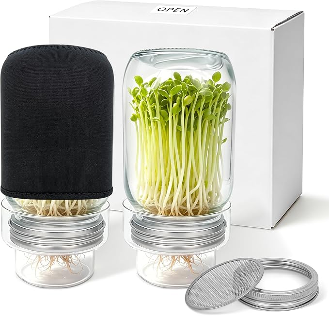 Sprouting Jar Kit, 2 Pack 32oz Wide Mouth Mason Jars | With Stainless Steel Sprout Lids, Glass Drip Covers, Blackout Sleeves - Complete Sprouts Growing Kit for Broccoli, Alfalfa