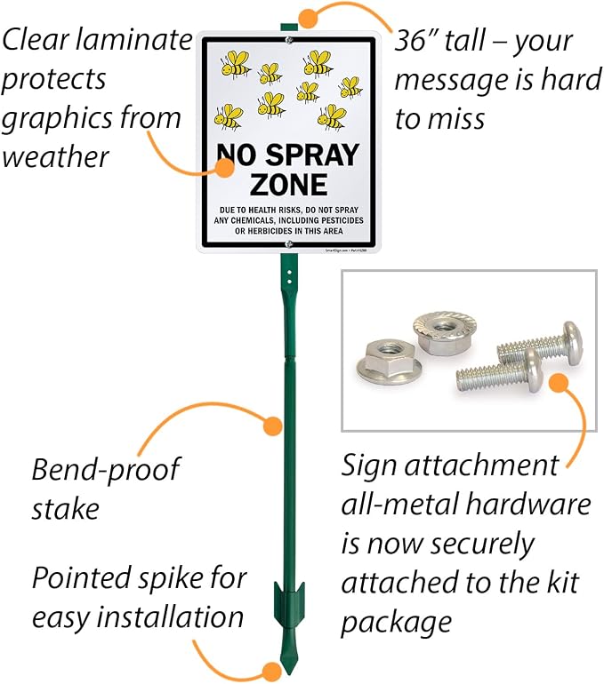 SmartSign 30.5x25.4 cm "No Spray Zone – Due To Health Risks, Do Not Spray Any Chemicals, Including Pestizides Or Herbicides In This Area" Hofschild mit 3 Fuß Pfahl, Schwarz und Weiß, 1 Stück
