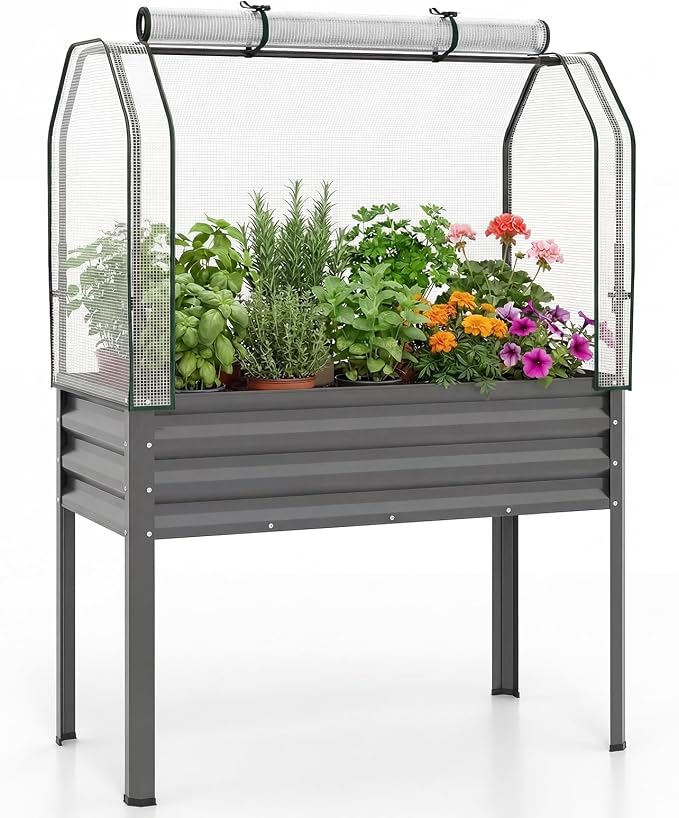 Giantex Raised Garden Bed with Legs & Greenhouse Cover, 44x20x60 Elevated Metal Planter Box with Roll-up Door, Outdoor Mini Greenhouse for Vegetable Flower Herb Patio Balcony (Gray,1)