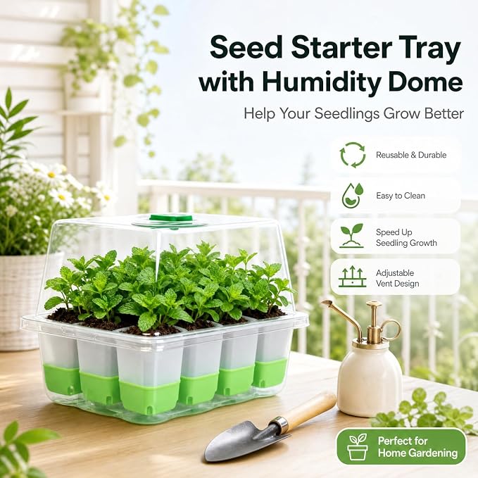 Silicone Seed Starter Tray with Humidity Dome, Indoor Seedling Starter Kit, 5-Pack Flexible Germination Trays - Adjustable Vent, Reusable & Dishwasher Safe for Herbs/Vegetables/Flowers