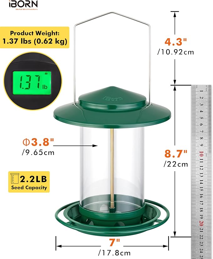 iBorn Metal Bird Feeders for Outdoors Hanging,Wild Bird Feeders for Cardinal,18cm Large Roof &Tray New Green 6 Port (Seed is not Included)