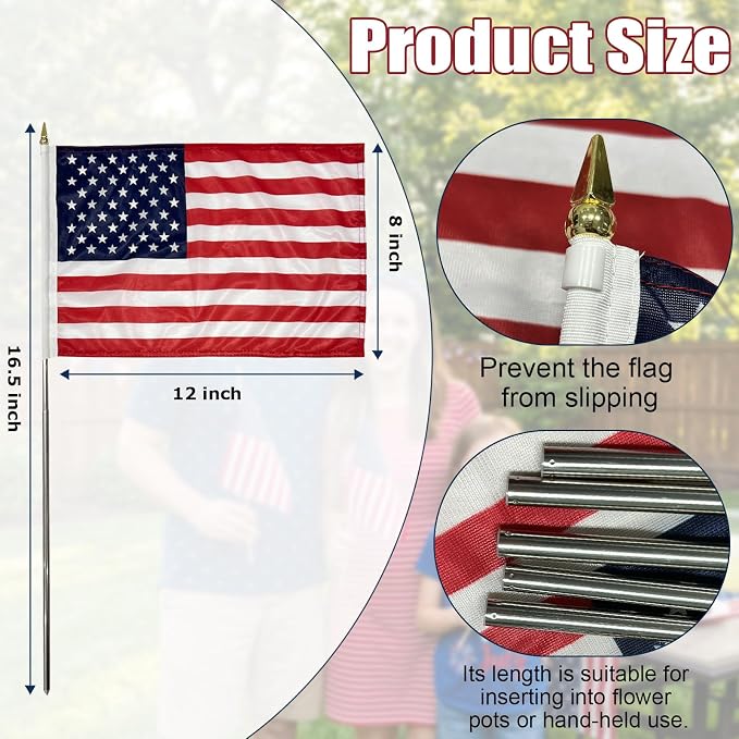 Bradford Small American Flag on Stick 6 Pcs 8x12 inch for 250th Anniversary Decorations, Heavy Duty Hand Held Handheld US USA Flags with Retractable Pole for 4th of July Outside Yard Garden