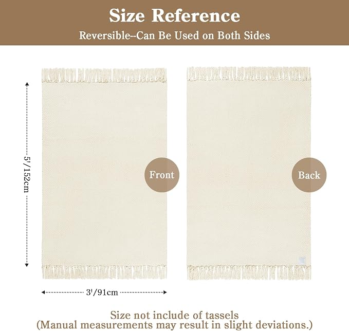 Washable Area Rug 3' x 5', Modern Woven Kitchen Rugs, White/Beige Braided Rug Indoor Door Mat Throw Carpet for Entryway Living Room Nursery Mudroom Laundry Room | Cotton Blend Hand-Woven Bedside Rug, Farmhouse Braided Indoor Door Mat, Reversible Throw ...