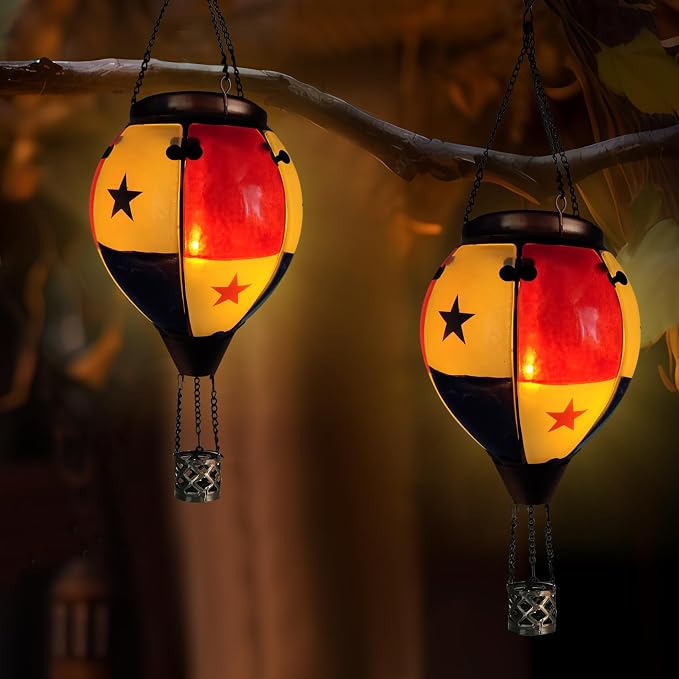 Glass Solar Hot Air Balloon Lantern with Flame Hanging Garden Flickering Light Outdoor Waterproof for Yard Patio Tree 4th of July Decorations, Flag-B